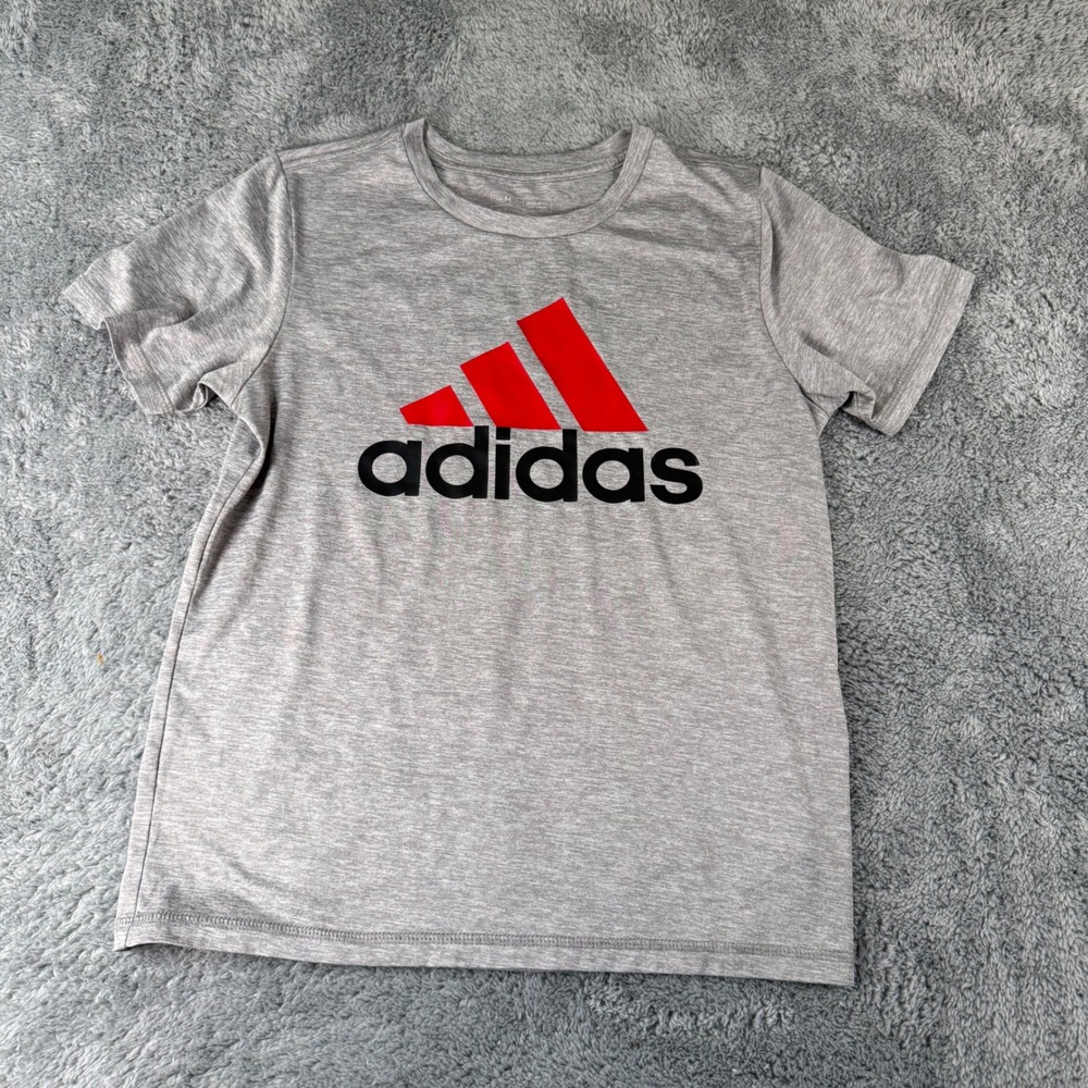 Adidas Boys Graphic Tee Gray Red Black Logo Shirt Size Medium 10/12